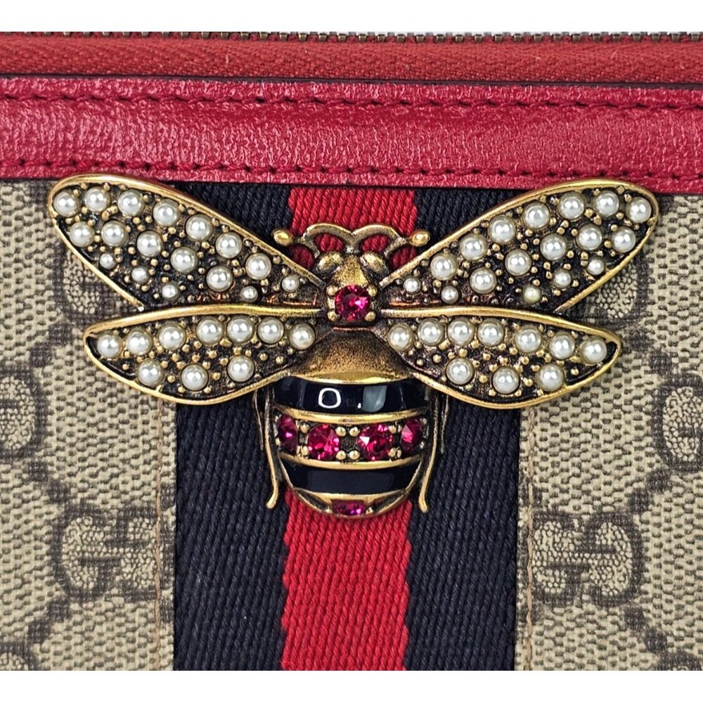 GUCCI Queen Margaret Bee Rhinestone Red Supreme Continental Wallet Zip Monogram - Picture 4 of 10